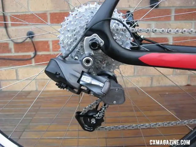 Paul Townsend's modified Ultegra Di2 derailleur with 3D CAD designed knuckle and RADR cage providing a clutch mechanism for the electronic component.