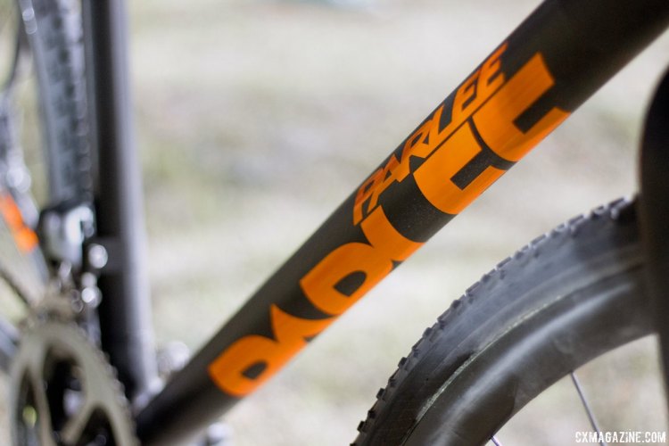 Downtube decals on the Parlee Z-Zero XD, painted in "Lambo Orange" over the waxed finish of the bare carbon frame. © Cyclocross Magazine