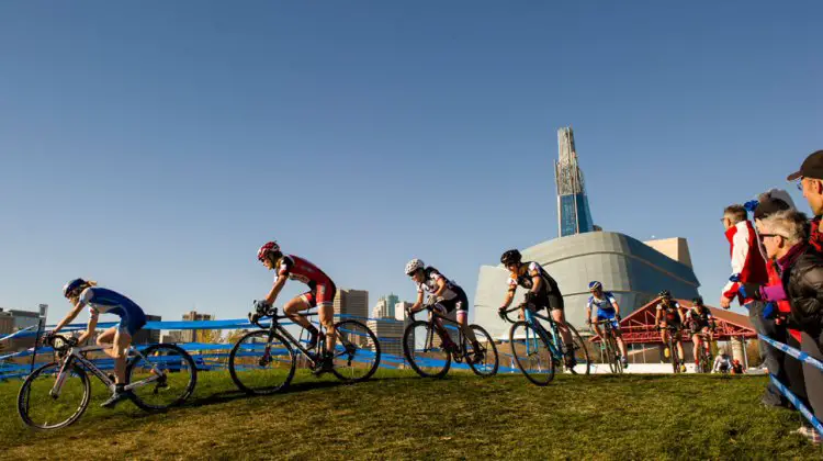 Maghalie Rochette leads the elite women’s field into a tricky corner at 2014 Canadian Cyclocross Championships. © David Lipnowski)