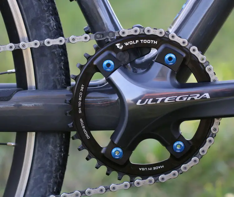 Wolf Tooth Components’ Drop-Stop one-by chainrings are now available for Dura-Ace, Ultegra, 105, and Tiagra cranks with Shimano’s asymmetric 4x110mm bolt pattern.