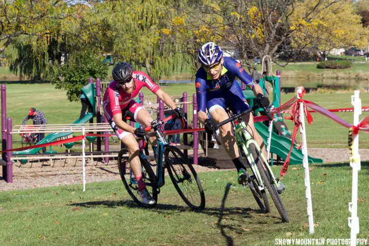 Less than a second separated Christopher Pike (r, Evanston, IL) from Mike Conroy (l, Chicago, IL) at the end of the single speed race. ©SnowyMountain Photography