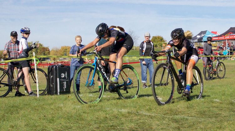 After 50 minutes of attacks and counter attacks it took a bike throw at the line for Dani Arman (St. Charles, IL) to beat Sydney Guagliardo (Barrington, IL) in the women's 1/2/3 race. © SnowyMountain Photography