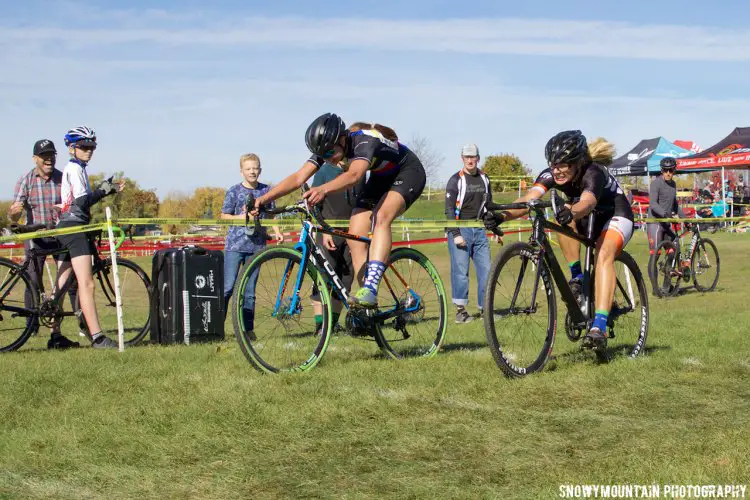 After 50 minutes of attacks and counter attacks it took a bike throw at the line for Dani Arman (St. Charles, IL) to beat Sydney Guagliardo (Barrington, IL) in the women's 1/2/3 race. © SnowyMountain Photography