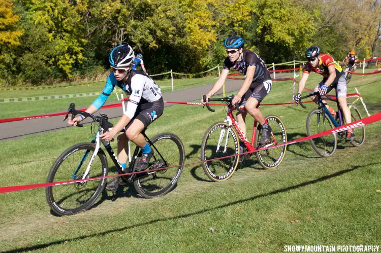 With roughly 300m to go, Caleb Swartz (Madison, WI) had National U-23 Crit champion David Lombardo (Crystal Lake, IL) and Pro road racer Brandon Feehery (Homewood, IL) hot on his heels. ©SnowyMountain Photography