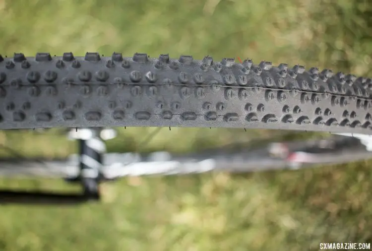 Schwalbe's X-One tubeless cyclocross tire is a solid all-arounder, with fast rolling low center lugs, and more substantial side lugs for cornering grip. © Cyclocross Magazine