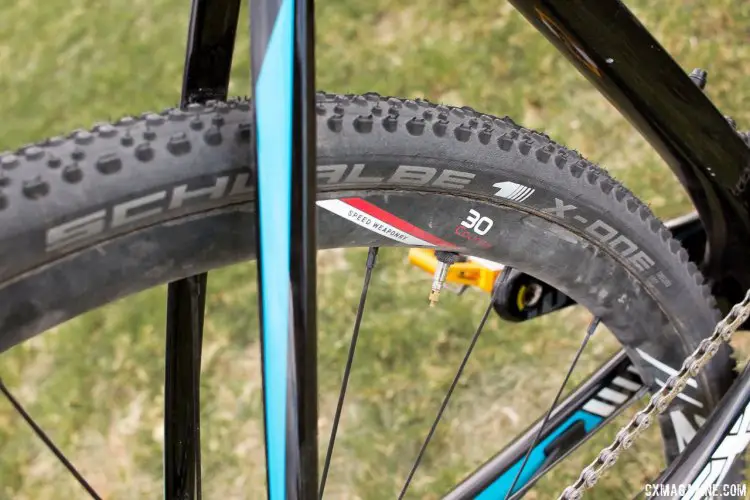 Schwalbe X-One tires are set up tubeless on Zipp Course 30 aluminum clincher wheels. © Cyclocross Magazine