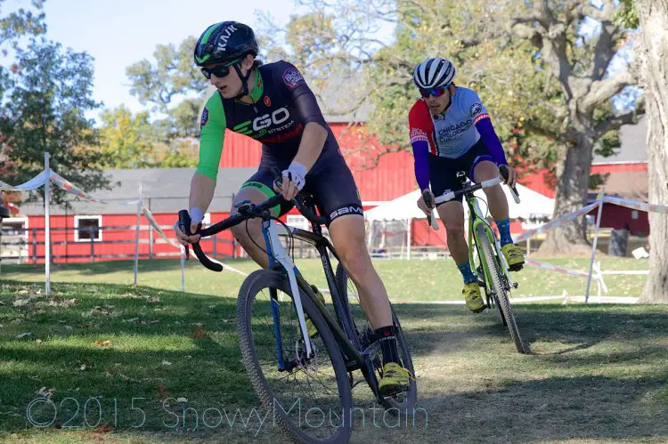 Michael Dutczak (Crete, IL) and David Reyes (Chicago, IL) lead the Men's 1/2/3 field past the Randall Oaks Barnyard Zoo. © SnowyMountain Photography