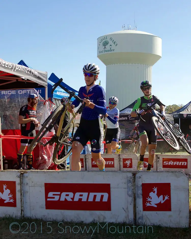 Mirroring the Cat 3 race, a trio of three (l to r), Matthew Schweiker (Chicago, IL), David Reyes (Chicago, IL), Michael Dutczak (Crete, IL), broke away from the field early on in the Men's 1/2/3 race. © SnowyMountain Photography