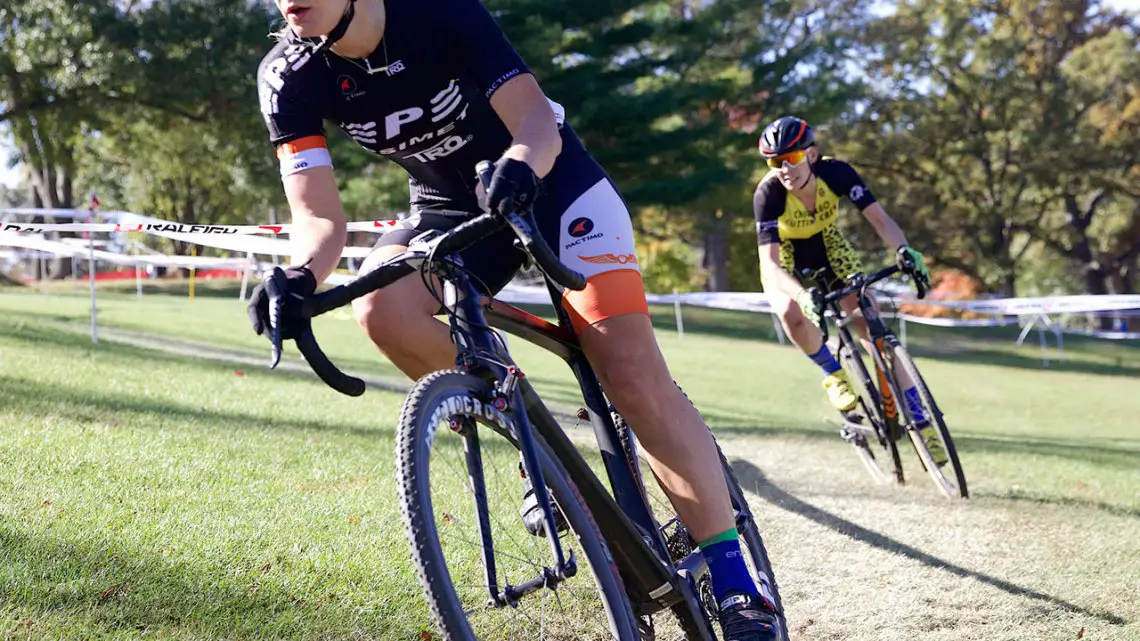 Defending state champion, Sydney Guagliardo (Barrington, IL) took the lead from Maria Larkin in the 3rd lap of the women's Cat 1/2/3. © SnowyMountain Photography