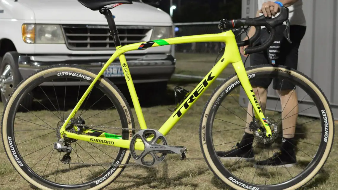 Sven Nys' Trek Boone in day-glo. Note the single large appearing chainring with a matching chainguard. We chased down and stopped the mechanic for pics after the race so were not able to count the teeth. The left shifter is a matching R785 Di2 stock with the buttons-just no front mech. I was told tire pressure: 1.5 bar