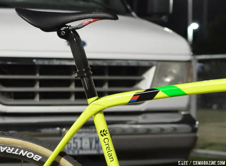 Sven Nys' Trek Boone in day-glo. Note the single large appearing chainring with a matching chainguard. We chased down and stopped the mechanic for pics after the race so were not able to count the teeth. The left shifter is a matching R785 Di2 stock with the buttons-just no front mech. I was told tire pressure: 1.5 bar