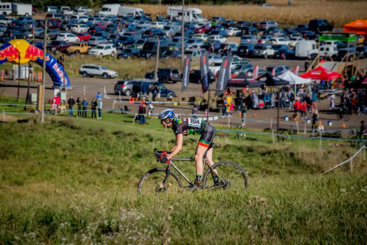 Women's Cat 3 winner Meredith Rambow (Synergy) descending the switchback on Saturday. © Todd Fawcett