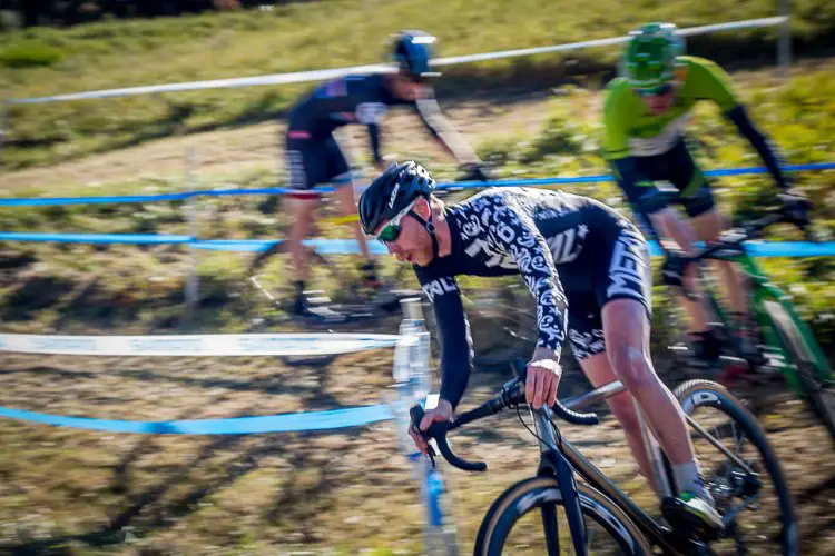 Todd Bauer (Twin Six) leading Isaac Neff (5Nines/Motorless Motion) and Dominic Talerico (Foundry) early on in the Saturday Men's Elite race. © Todd Fawcett