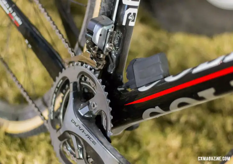 No chain catcher on Lechner's race machine. Di2 cables neatly appear just where they're needed for the Dura-Ace 9070 front derailleur and external battery. © Cyclocross Magazine