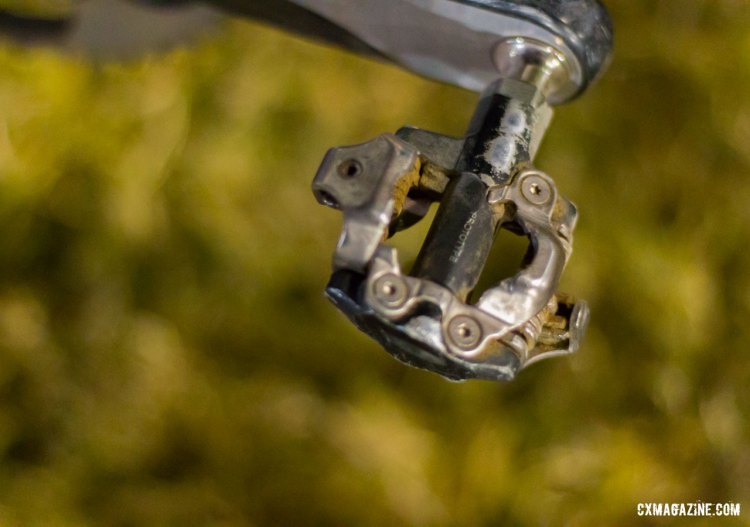 Lechner, like many of the European pros, rides Shimano's prototype SPD pedals, a largely machined-down version of XTR M9000 pedals. © Cyclocross Magazine