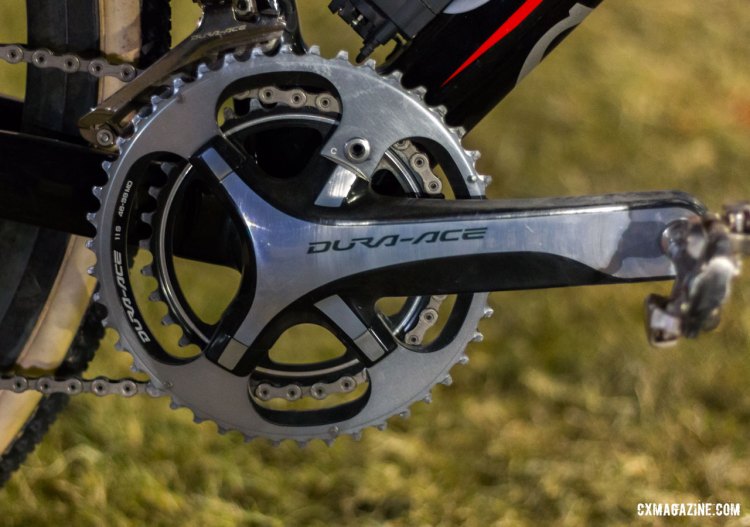Shimano Dura-Ace 9000 cranks with 48-39t chainrings see Lechner staying with a traditional two-ring setup. © Cyclocross Magazine