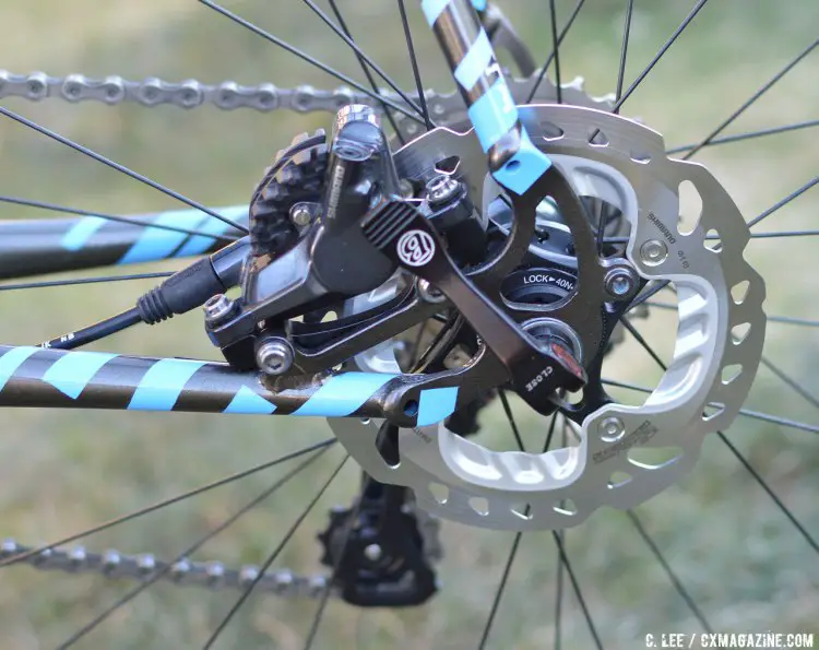 A Shimano Di2 R785S disc brake caliper paired with a RT-99 rotor gives Dyck consistent, powerful braking. © Cyclocross Magazine