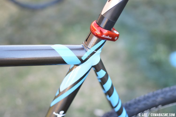 A Salsa seat collar keeps Dyck's PRO seatpost in place, all while adding a splash of color. © Cyclocross Magazine