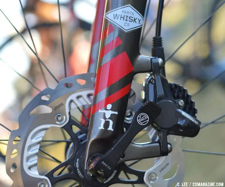 Dyck eschews the ubiquitous 15mm quick release to go with a 9mm. A Bontrager skewer keep the front wheel in place. © Cyclocross Magazine