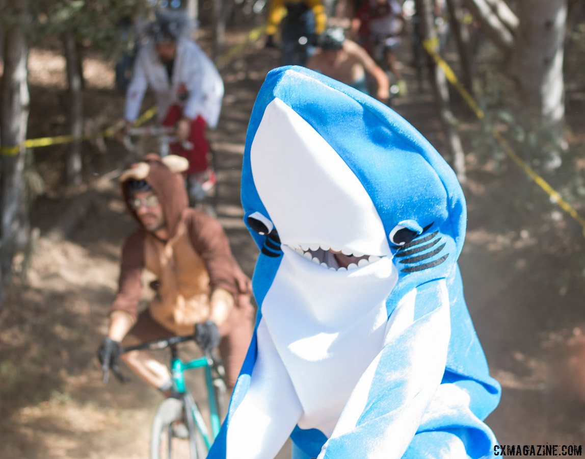 Even without Katy Perry, Left Shark is still out of line in cyclocross, but nobody cares. Surf City Cyclocross Costume Cross 2015. Harbor High. © Cyclocross Magazine
