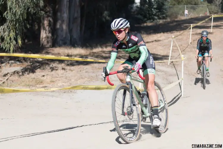 Caroline Dezendorf (Rock Lobster / Voler) chased Elle Anderson and finished a strong second at the Surf City Cyclocross All Hallow's race. Harbor High. © Cyclocross Magazine