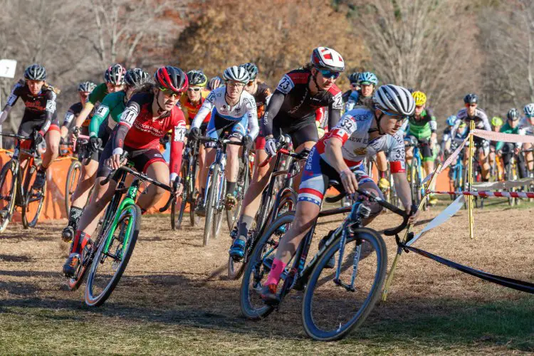 The Elite Women take to the course, Noble in the Series leader's jersey up front. Photo by Todd Prekaski