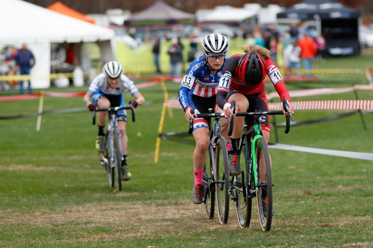 Emma White leads, with Ellen Noble on her wheel and Jena Greaser chasing. Photo by Todd Prekaski