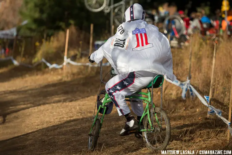 Evel Knievel takes to the Cross Crusade course on a swing bike. © Matthew Lasala