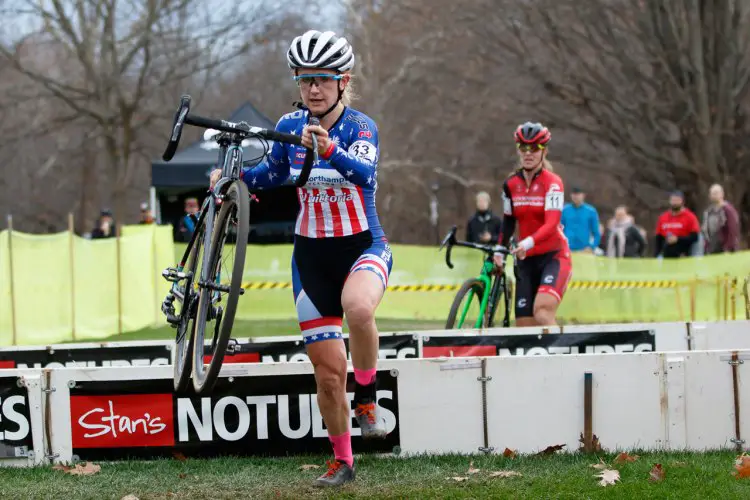 Ellen Noble leads Emma White through the barriers on her way to an Elite Women's win. Photo by Todd Prekaski