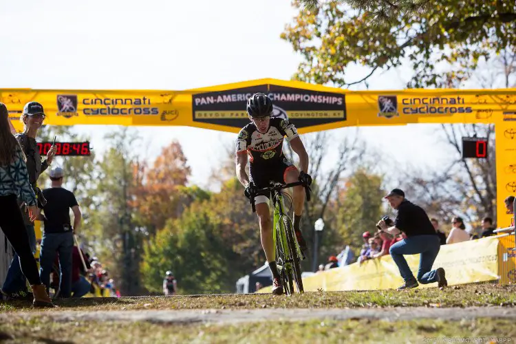 Spencer Petrov, winner of the Junior's race, rolling across the line.