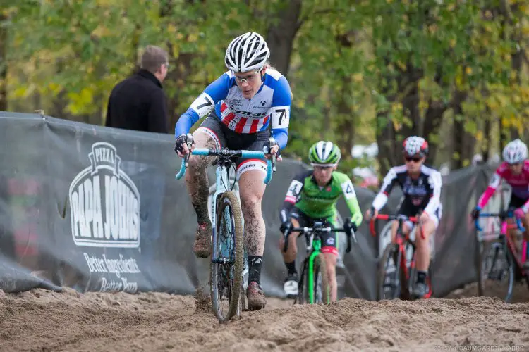 Katie Compton worked through traffic followed closely by Kaitie Antonneau. © Kent Baumgardt 