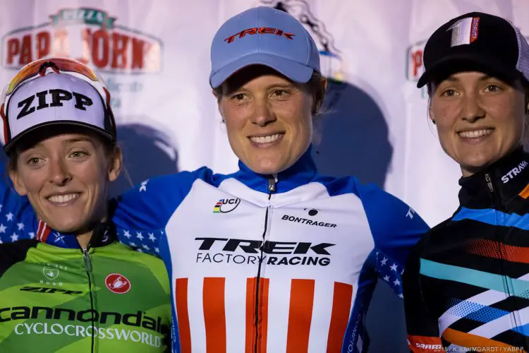 The Derby City Cup day one Elite Women's podium: L-R: Kaitie Antonneau, Katie Compton, Elle Anderson. © Kent Baumgardt