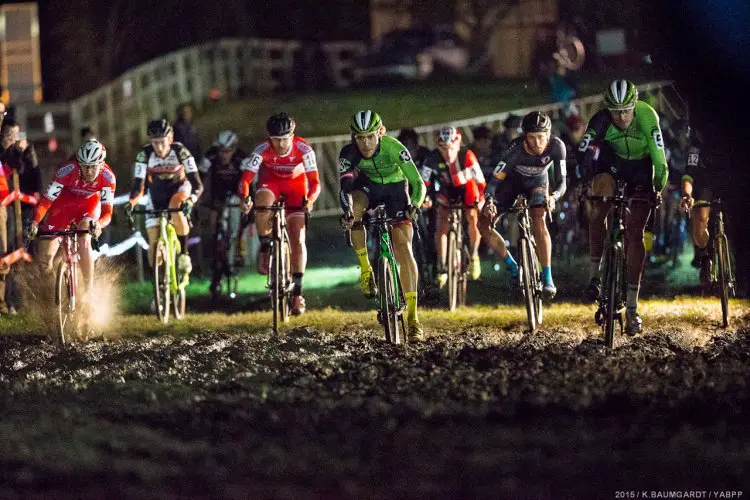 Curtis White and Ryan Trebon led the charge through the slippery mud section just after the start. © Kent Baumgardt