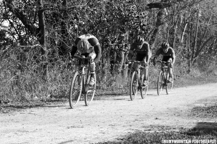 After working together for 40 minutes, Chris Lombardo (Crystal Lake, IL) out sprinted Danny Warner (Trout Valley, IL) and Tim Boundy (Deer Park, IL) to the line in the Master's 45+ race. © SnowyMountain Photography