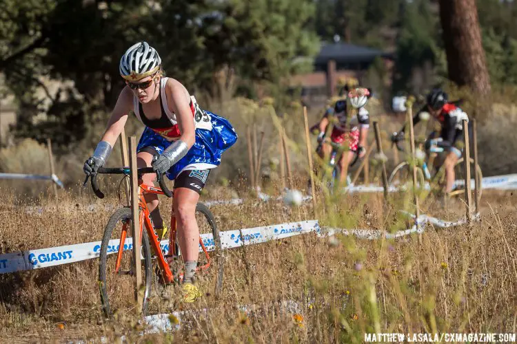 Clara Honsinger (Team S + M) leads Serena Bishop-Gordon (Liv Cycling) and Laura Winberry (Speedvagen Racing) through twists and turns on lap 2. © Matthew Lasala
