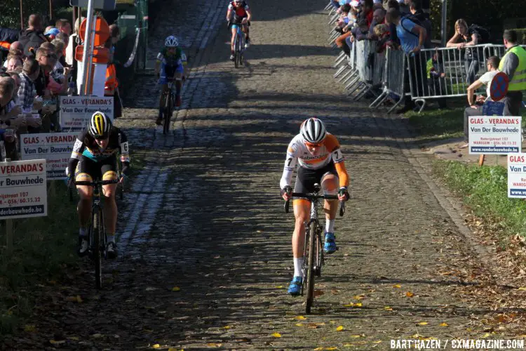 Thalita De Jong (Rabobank Liv) climbs up the Koppenberg. © Bart Hazen