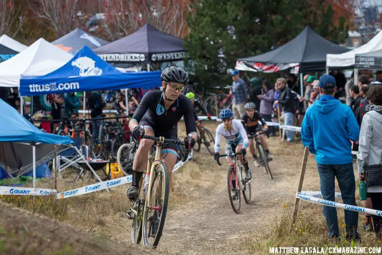 Laura Winberry (Speedvagen Racing) leading Alexandra Burton (Portland Bicycle Studio) and Megan Chinburg (Team S + M) on lap one and would eventually end up 3rd. © Matthew Lasala