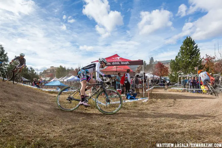 Mitchell Trux leads Molly Cameron and Chris Jones through a sweeping turn on lap 1. © Matthew Lasala