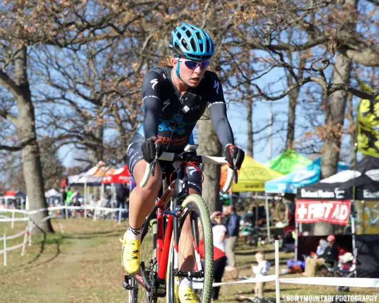 Alijah Beatty (Washington, IA) put in a blistering attack early on and rode solo to her first CCC victory of the season in the Women's Pro 1/2/3. © Snowymountain Photography