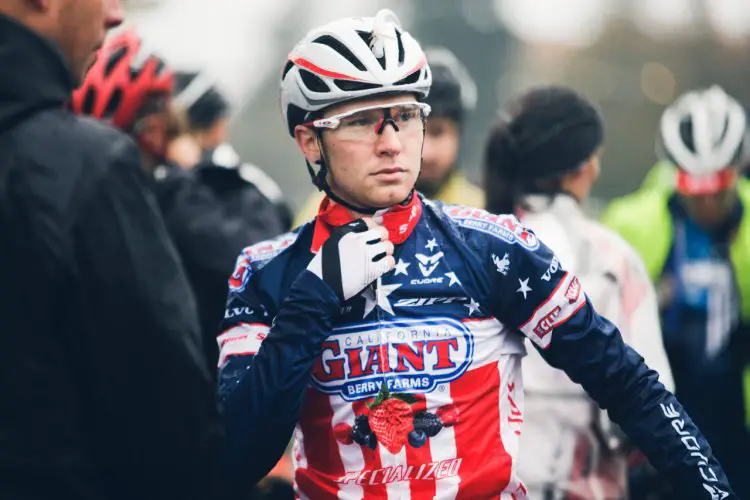 Logan Owen stays warm before the start of the Subaru Cyclo Cup. © Derek Blagg