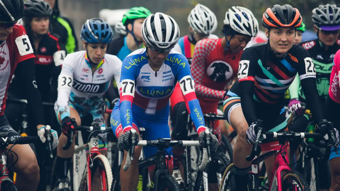 The Elite Women at the start line of day one of the Subaru Cyclo Cup. © Derek Blagg