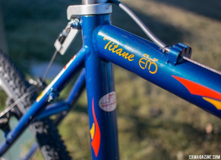 A top-tube detail shot of the titanium Merckx Titane cyclocross bike. © Cyclocross Magazine