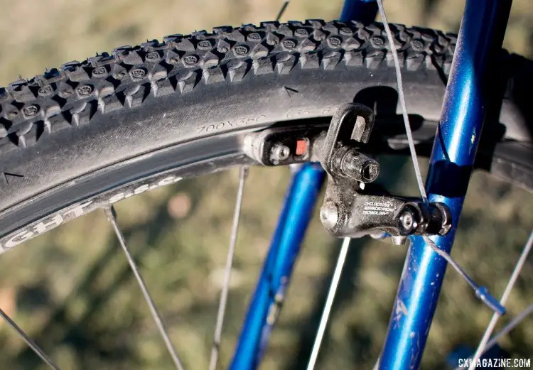 In the era that the Merckx Titane was built, narrow cyclocross tires were commonplace, so these 35mm Ritchey Shield clinchers are a tight squeeze. © Cyclocross Magazine
