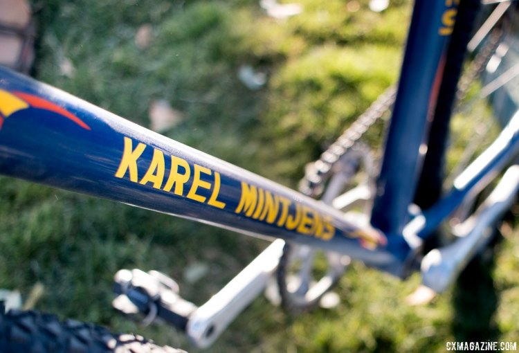  A detail shot of the downtube on the Merckx Titane, sporting the name of Karel Mintjens—the team sponsor that outffited the Merckx bikes. © Cylocross Magazine