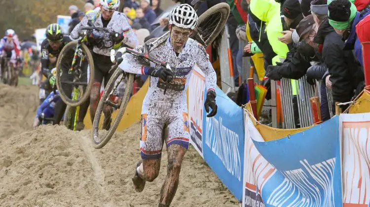 Wout van Aert applied the pressure early, testing Nys and the returning World Champ, van der Poel. 2015 Koksijde World Cup Men. © B. Hazen / Cyclocross Magazine