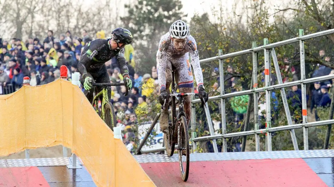 Van Aert and Nys alone up front, and Nys ensuring that he only has one youngster to battle. 2015 Koksijde World Cup Men. © B. Hazen / Cyclocross Magazine