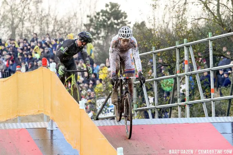 Van Aert and Nys alone up front, and Nys ensuring that he only has one youngster to battle. 2015 Koksijde World Cup Men. © B. Hazen / Cyclocross Magazine