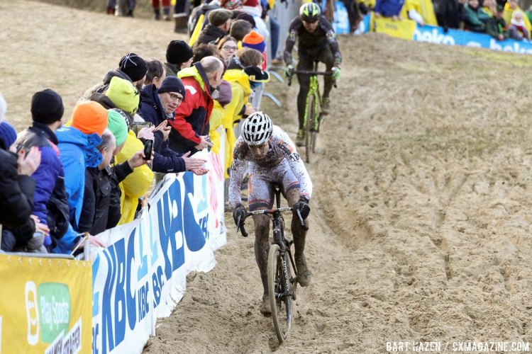 Spectators were treated to one of the best two-man duels of the season. 2015 Koksijde World Cup Men. © B. Hazen / Cyclocross Magazine