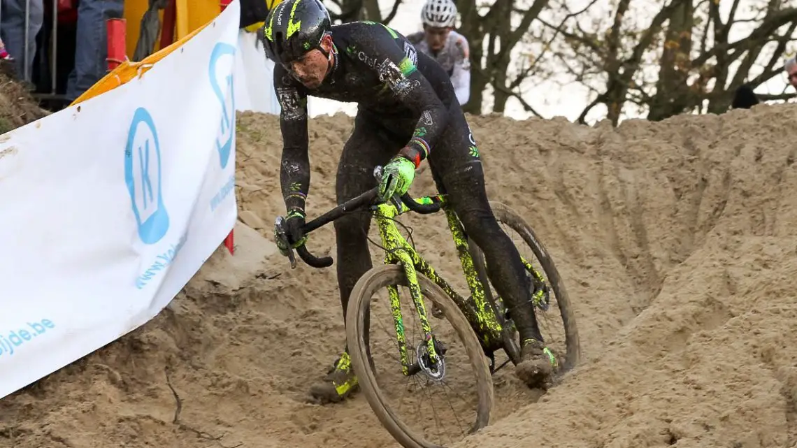 Nys attacks van Aert and the sand. 2015 Koksijde World Cup Men. © B. Hazen / Cyclocross Magazine