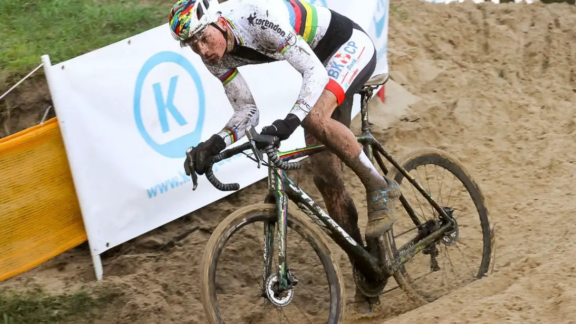 Overshadowed by the nail-biting two-man duel up front, Mathieu van der Poel's third-place ride was very impressive in his first race after knee surgery. 2015 Koksijde World Cup Men. © B. Hazen / Cyclocross Magazine